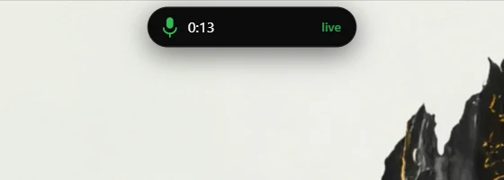The pill showing a live call timer at 13 seconds with a green microphone