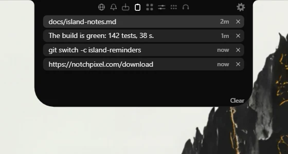 Clipboard history listing three recently copied lines of text