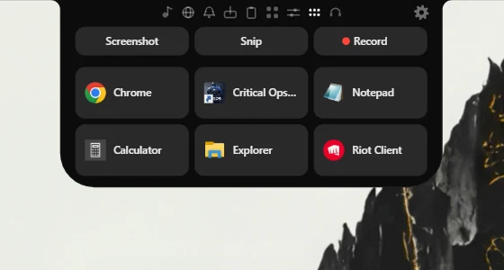 The Launcher tab: Screenshot, Snip and Record chips above six app slots holding Chrome, Paint, Notepad, Calculator and Explorer