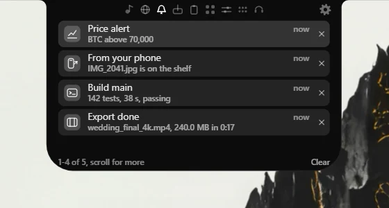 The Notifications tab listing a price alert, a phone transfer, a build result and a finished export, each with its own mark