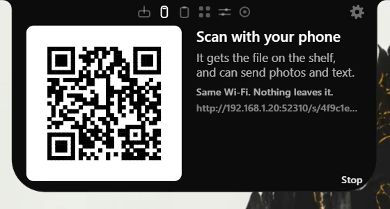 The Phone tab showing a QR code next to Scan with your phone, with a Stop button