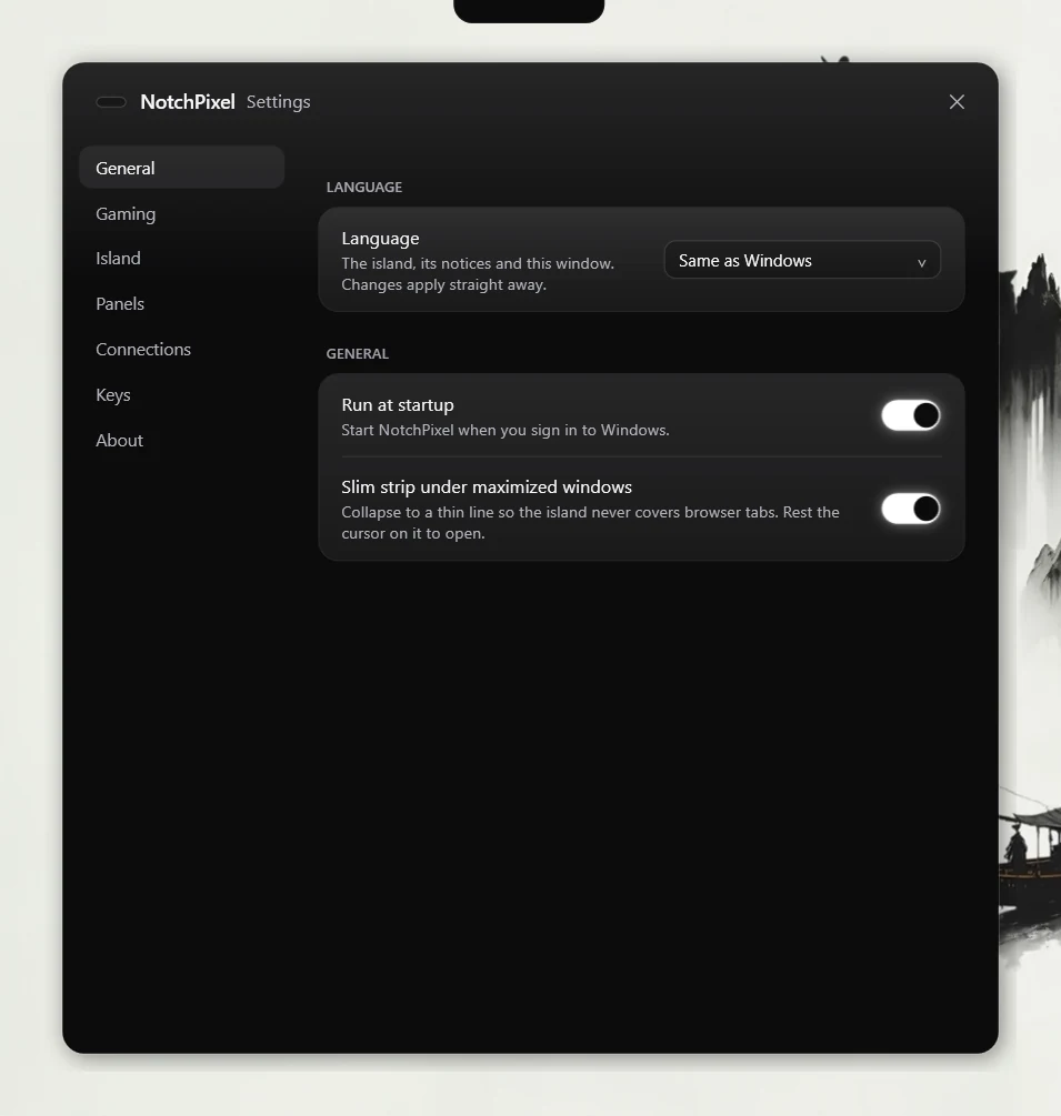 The settings window with categories down the side
