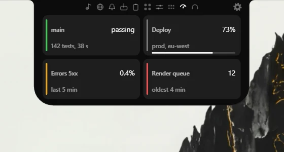 Four tiles in the card: main passing, Deploy 73 percent, Errors 5xx 0.4 percent, Render queue 12