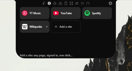The Web tab holding YT Music, YouTube, Spotify and Wikipedia, with Add a site