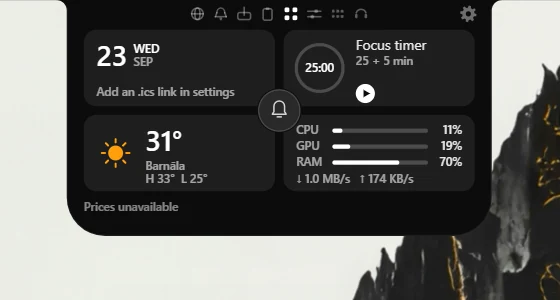 The widgets tab: date, a focus timer, weather, and CPU, GPU, RAM and network meters, with the reminder bell in the middle