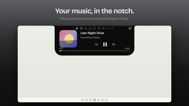 The notch opened into a music card with album art, the track name, play controls and a progress bar.