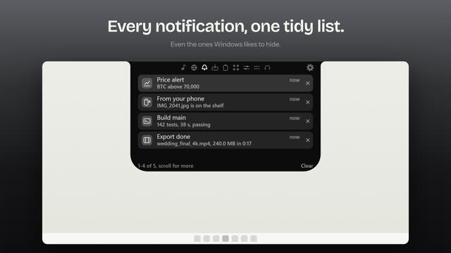 Notifications in one list: a price alert, a photo from a phone landing on the shelf, a finished build and a finished video export.
