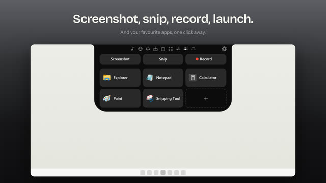 Screenshot, Snip and Record buttons above shortcuts to Explorer, Notepad, Calculator, Paint and Snipping Tool.