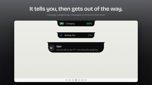 Three short pop-ups at the top centre: the laptop charging, a pair of Bluetooth headphones at 82% and a message preview.
