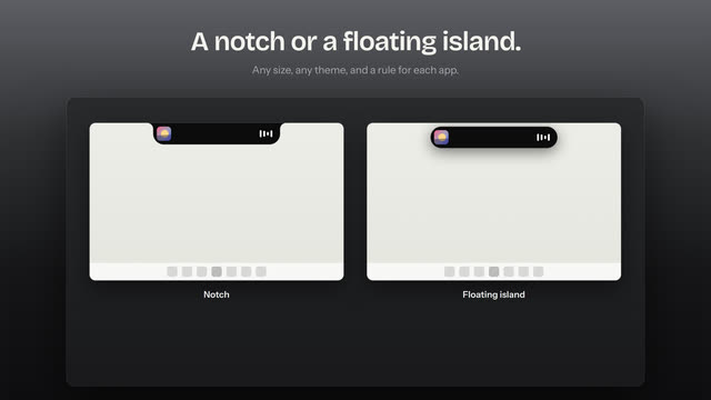 Side by side: NotchPixel as a notch joined to the top edge of the screen, and as a floating shape just below it.